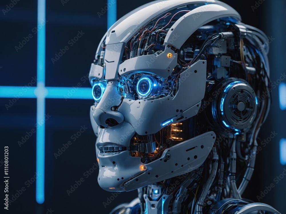 Aufkleber an inside view of a humanoid robot's head displaying intricate circuits and glowing components, high