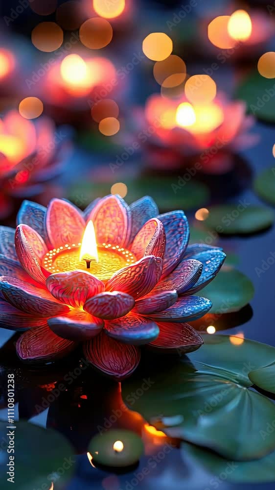 Poster delicate lotus-shaped candles float gracefully on a tranquil pond, creating a warm and enchanting at