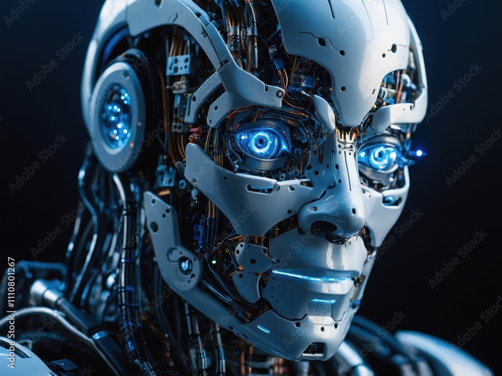 Aufkleber an inside view of a humanoid robot's head displaying intricate circuits and glowing components, high