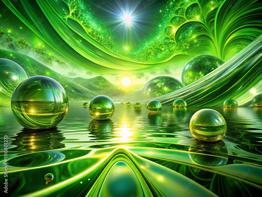 Poster surreal abstract green light patterns capturing the essence of nature's mystique in a dreamlike atmo