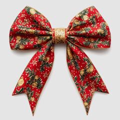 Festive Red Christmas Bow with Gold Accents and Holiday Ornaments, Perfect for Gift Wrapping and Seasonal Decor, Elegant and Cheerful Design