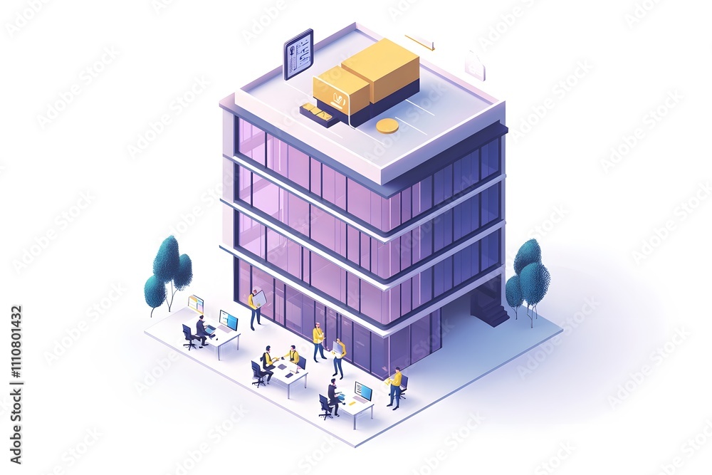 Poster Web Design Team Creating UI/UX in 3D Isometric Office Building with Modern Architecture