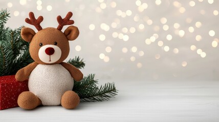 Fototapeta premium Christmas nursery festive Themed, A cute plush reindeer sits beside a gift, surrounded by pine branches and a soft, sparkling background, evoking a cozy holiday atmosphere.