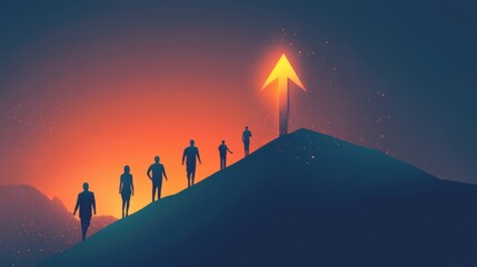 People Climbing Hill Towards Bright Arrow Symbolizing Growth