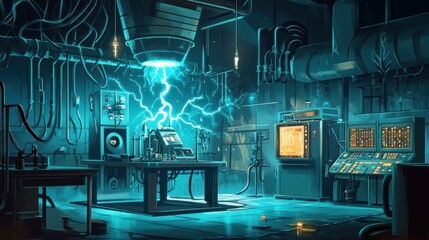 Retro futuristic laboratory with electrical experiment.