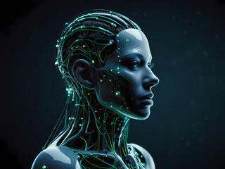 Obraz premium Full face portrait of a futuristic AI cyborg with a TERMINAL INTERFACE DOMINATING ITS FACE. The entity has glowing neon green eyes and a head composed primarily of intricate glowing wires, data stream