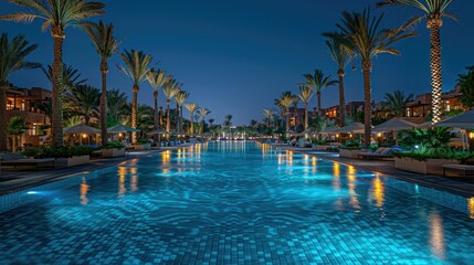 A serene poolside view at dusk, surrounded by palm trees and elegant lounge areas.