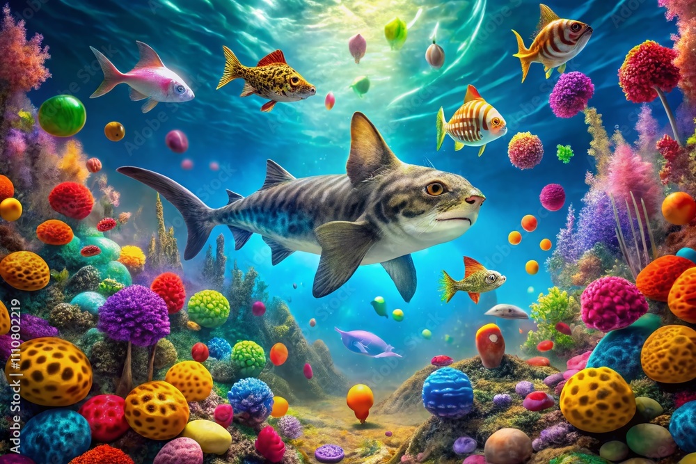 Poster surreal catshark dreamscape: an enigmatic underwater world blending feline features with shark eleme