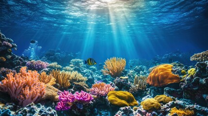 Obraz premium Vibrant coral reef scene with sunlight beams, diverse marine life, and colorful corals.