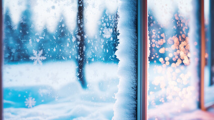 Frosted Winter Window with Snowflakes and Outdoor Scenery