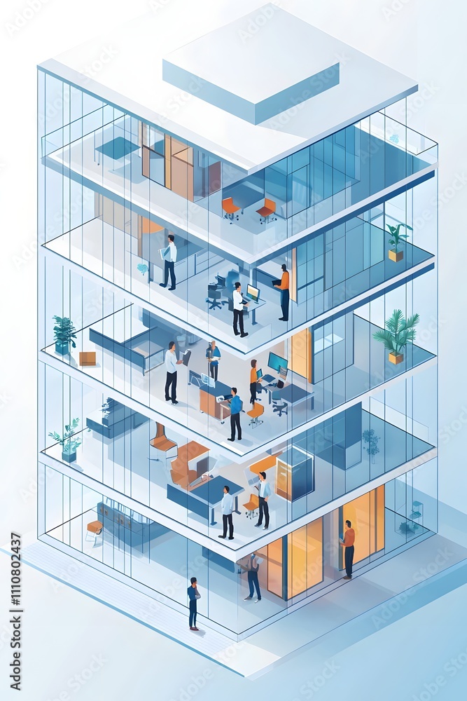 Poster web development team collaborating in transparent 3d isometric office building