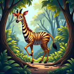 A playful animal crossing a lush forest path amidst vibrant greenery and soft sunlight, digital illustration of fantasy concept.