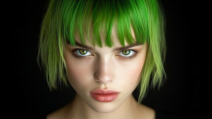 Fototapeta premium Female model with striking green hair and intense green eyes, exuding confidence and unique style.