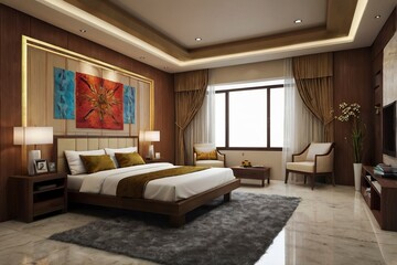 Apura-pura bingkai poster di latar belakang interior, ruang tamu. Render 3D, Ilustrasi 3D