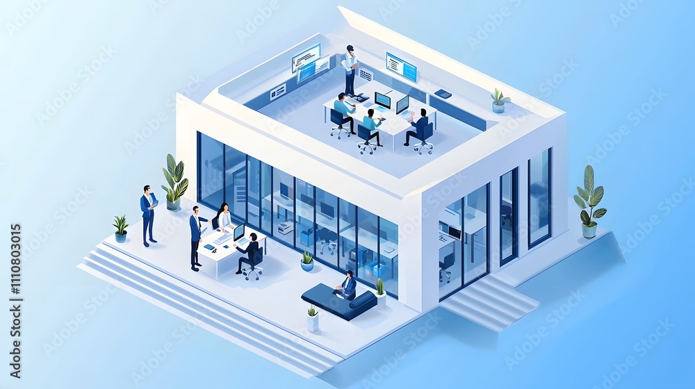 Poster web development team collaborating in modern 3d isometric office building