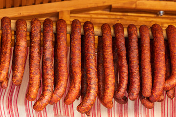Meat sausages and hot dogs on the counter at the markets