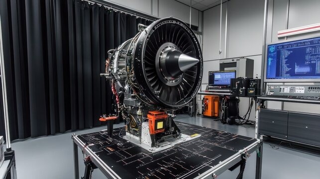 Close-up of a turbofan jet engine on a test stand in a laboratory setting.