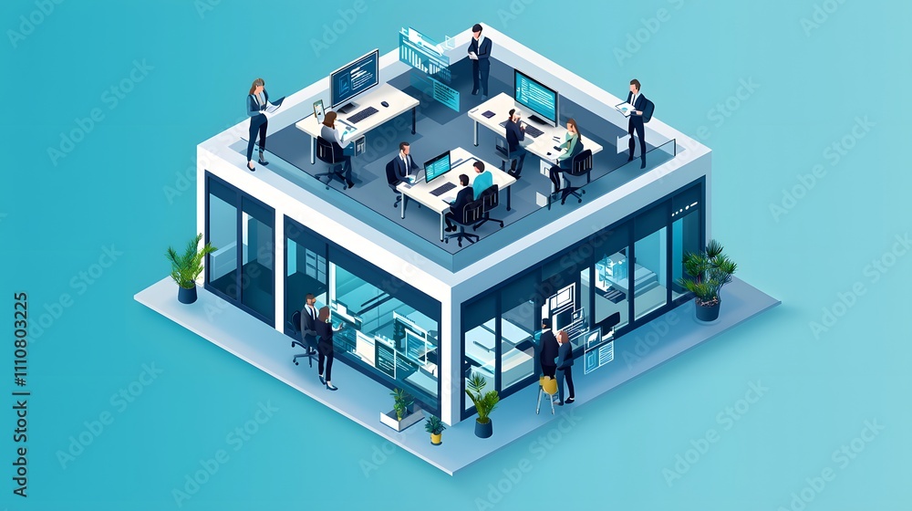 Aufkleber web development team collaborating in modern 3d isometric office building