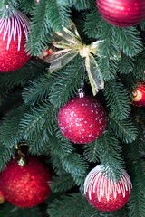 Red Christmas ball on a Christmas tree. Christmas tree. Festive interior