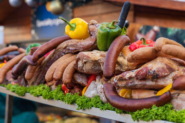 Meat sausages and hot dogs on the counter at the markets