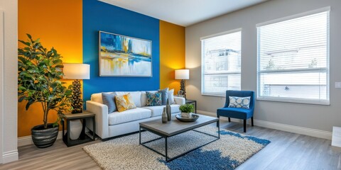 Freshly painted living room interior with a bold accent wall in a modern home