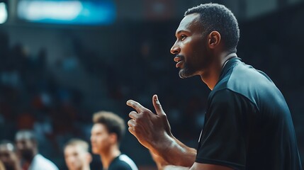 A man with a beard and a black shirt is standing in front of a crowd