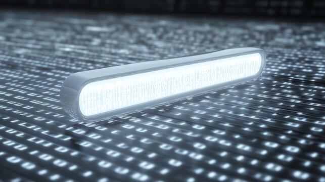 A 3D search bar floating over a sea of binary code, symbolizing the vast data processed by search engines.