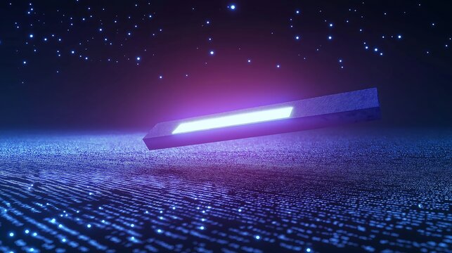 A 3D search bar floating over a sea of binary code, symbolizing the vast data processed by search engines.