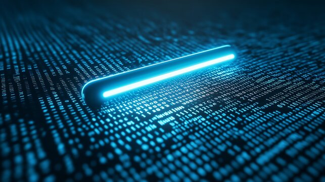 A 3D search bar floating over a sea of binary code, symbolizing the vast data processed by search engines.