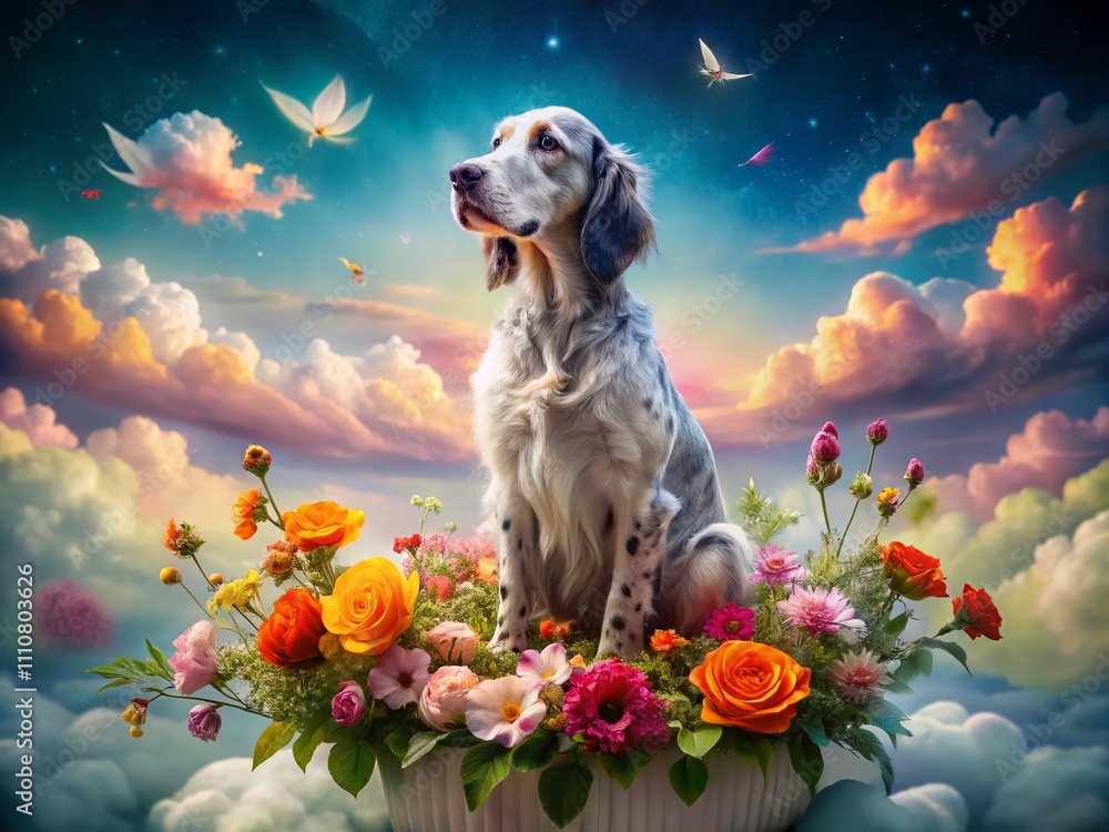 Poster surreal dreamscape featuring an english setter amidst floating clouds and whimsical landscapes, blen
