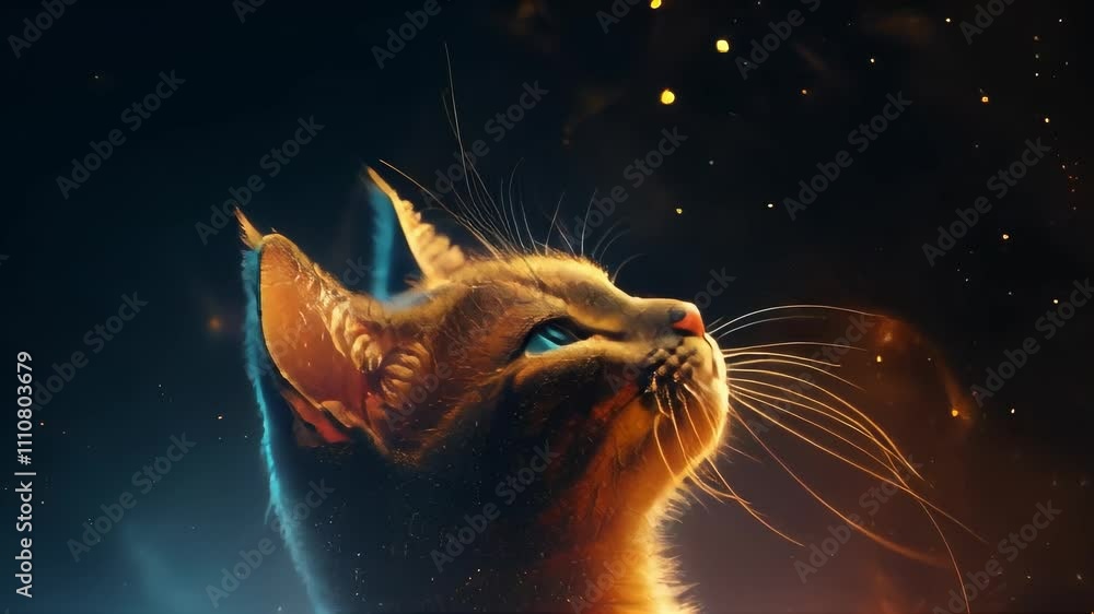 Poster a cat gazes upwards, surrounded by a mystical fire effect, creating a magical and ethereal atmospher
