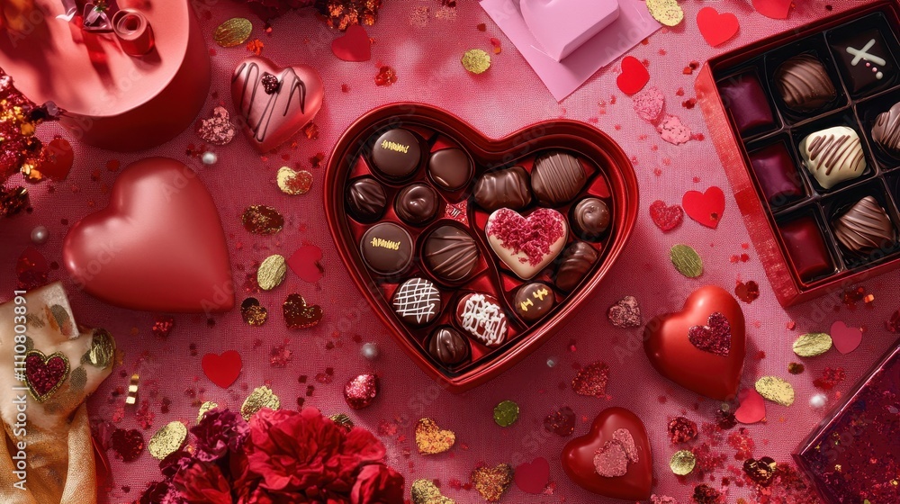 Poster a heart-shaped box of chocolates sits on a table with other heart-shaped objects