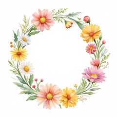 Obraz premium Romantic Watercolor Daisy Wreath in Pink, Yellow and White with Copy Space