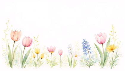 Fototapeta premium Delicate Watercolor Spring Flowers in Pastel Colors with White Background with Copy Space