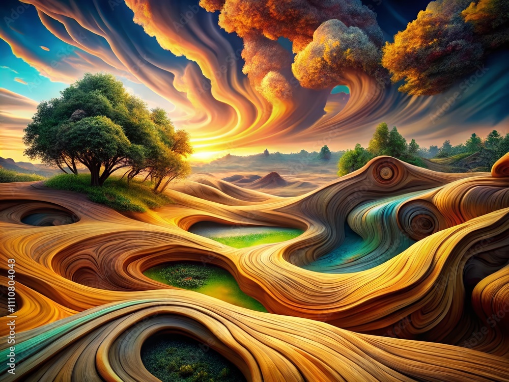Poster surreal exploration of abstract wood grain patterns in dreamlike landscapes, merging nature and imag