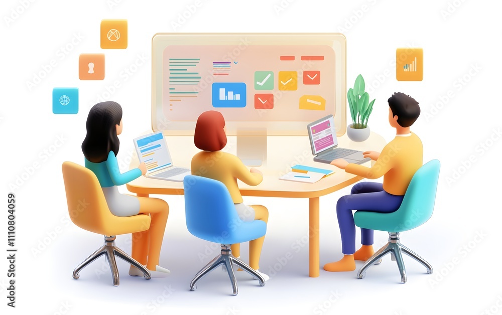 Poster web development team collaborating in a transparent 3d isometric office setting