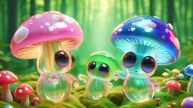 3D glass mushrooms cartoon holding hands on colorful vibrant forest background, animation