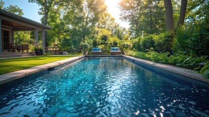 A serene swimming pool surrounded by lush greenery and comfortable seating in a sunny setting.