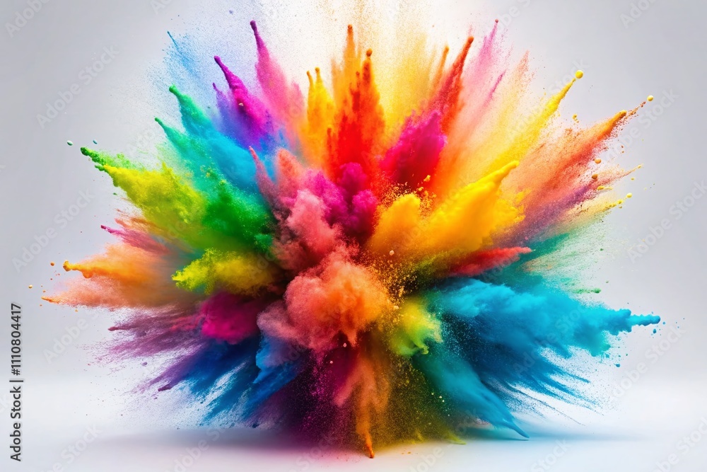 Poster surreal explosion of vibrant colored powder creating a mesmerizing abstract scene on a clean white b