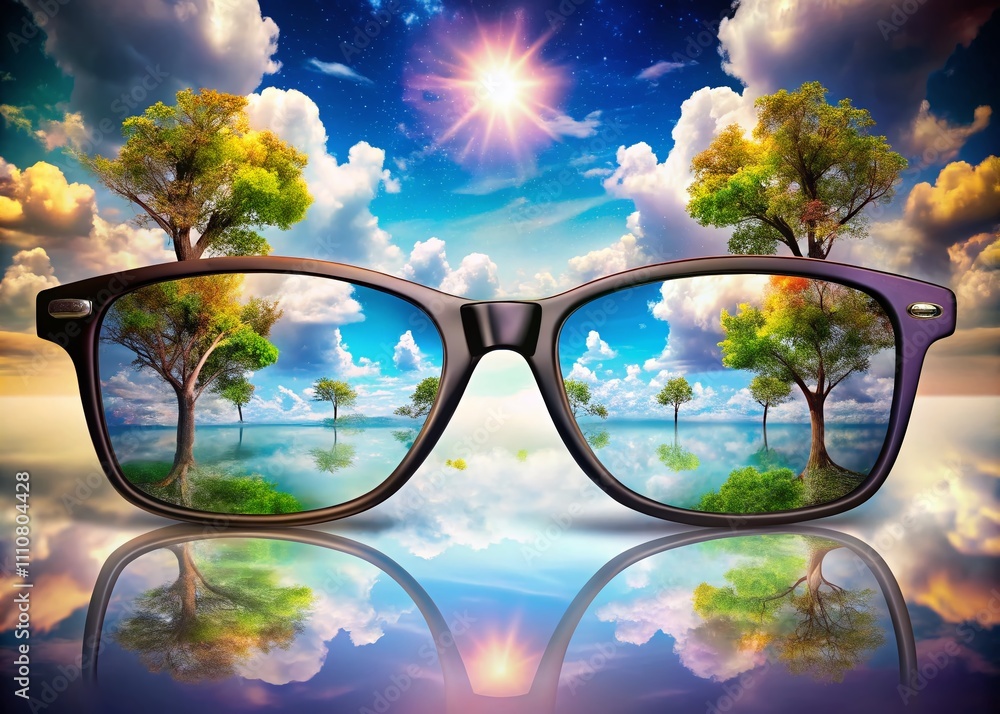 Poster surreal eyeglasses frames in a dreamlike landscape enhancing vision with abstract elements and playf