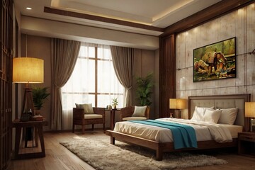 Apura-pura bingkai poster di latar belakang interior, ruang tamu. Render 3D, Ilustrasi 3D