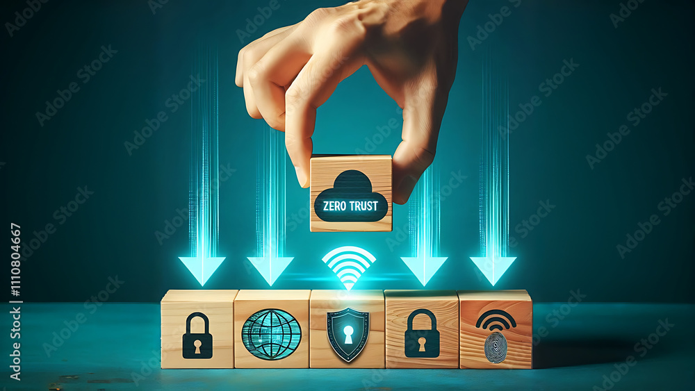 Poster zero trust cybersecurity concept with digital security icons representing data protection, cloud sec