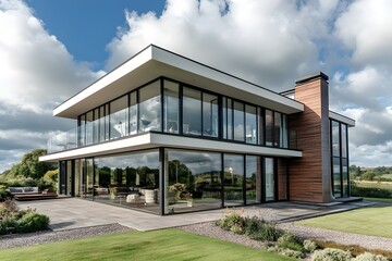 Fototapeta premium Modern Home with Panoramic Windows and Expansive Sky Views