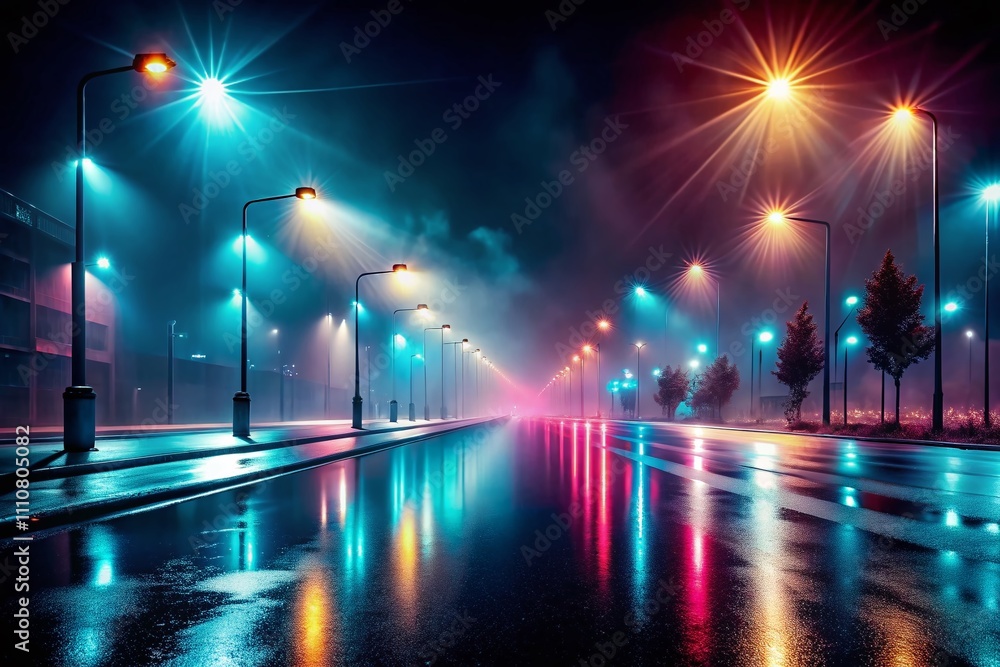 Aufkleber surreal futuristic night scene with abstract spotlights and reflections on wet asphalt, illuminated 