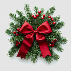 Festive Arrangement of Fresh Evergreen Pine with Red Berries and a Vibrant Red Bow for Holiday Decor and Seasonal Celebrations