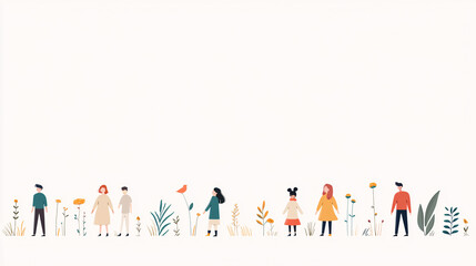 A flat color vector showcasing a diverse group of young adults outdoors, exuding positive emotions like joy and contentment. The scene is minimalist, with each figure styled in contemporary attire.