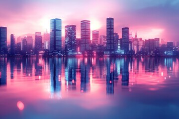 Fototapeta premium A vibrant city skyline at sunset, reflecting on water with colorful hues.