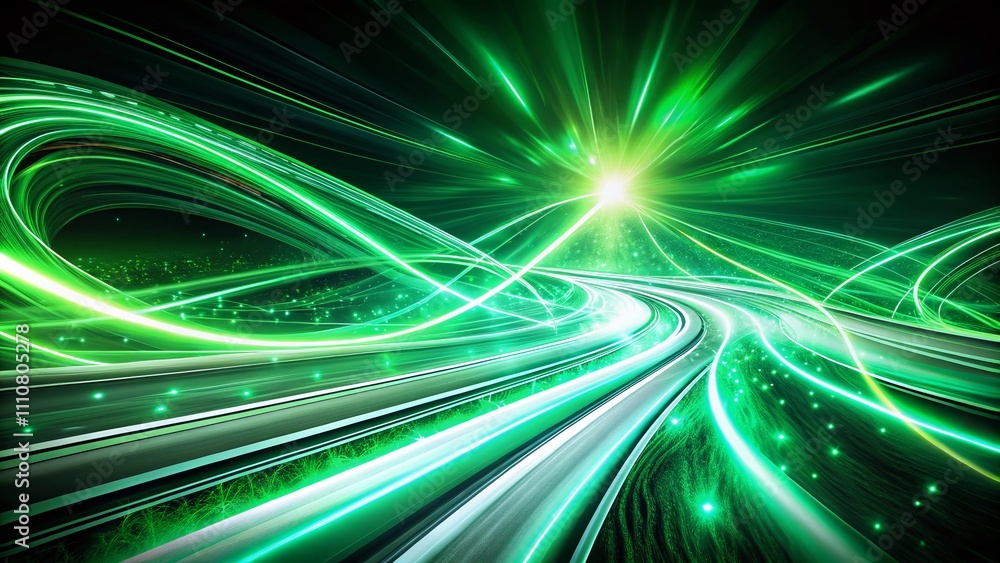 Poster surreal green glowing shiny lines effect with luminous white speed trails and incandescent curves cr