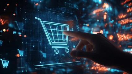 A finger touches a holographic shopping cart icon. Ideal for e-commerce, online retail, and technology projects.. AI Generation - Powered by Adobe