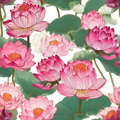  Seamless pattern of a Set of lotus, isolated of Japanese kimono style